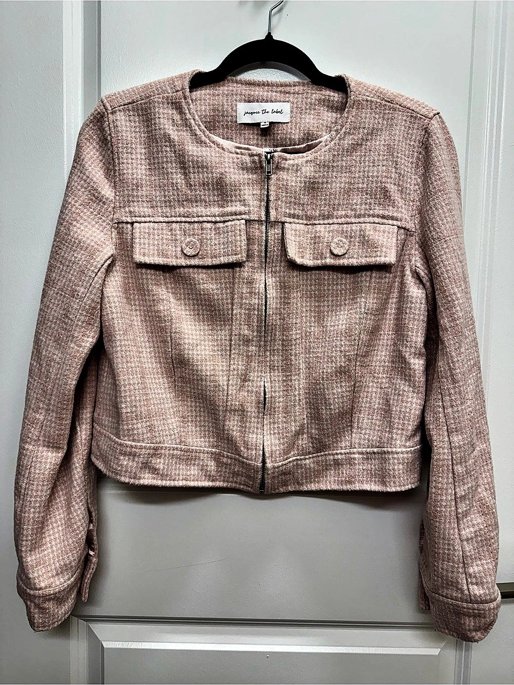 Jacqueline the Label Pink Houndstooth Zip Jacket Size Small Like New